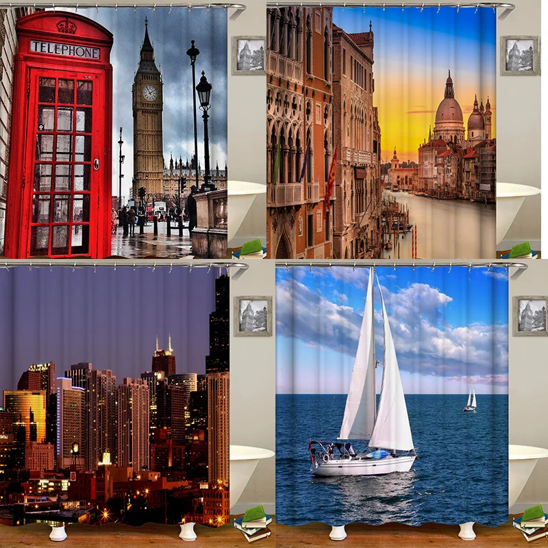 

City Sea Seaside Shower Curtain Waterproof Polyester Curtain Large 3D Blackout Curtain for Bathroom Home Decor 180x200cm