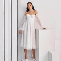 simple tulle off the shoulder short wedding dress 2021 puff long sleeve sweetheart bridal dress elegant tea length wedding gown
