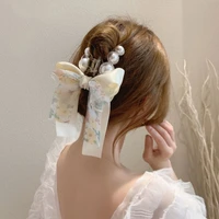 2021 new bow silk scarf ribbon pearl catch clip top clip side clip fashion high ponytail hair clip anti dropping jewelry wash fa
