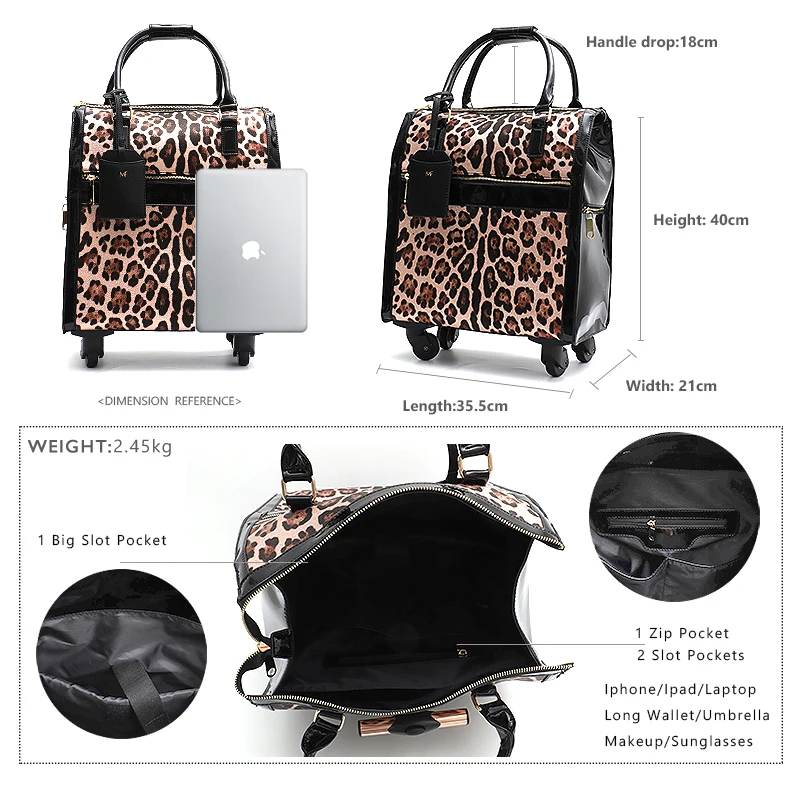 SC Fashion Women Leopard PU Leather Carry on Travel Hand Luggage Bag Trolley Wheels Rolling Ladies Universal Duffle Big Suitcase