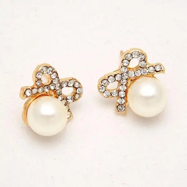 Fashion Woman Lady Elegant White Pearl Bowtie Bowknot Rhinestone Stunning Studs Earrings For Wedding Party | Украшения и