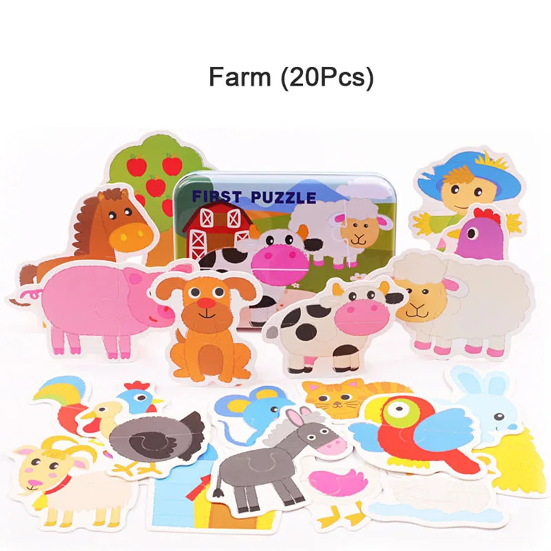 Wooden Iron box Farm /Fruit Jigsaw Baby Early Educational Toys 3d Puzzle Children Ability Exercise Toy Puzzles for Kid Gift | Игрушки и