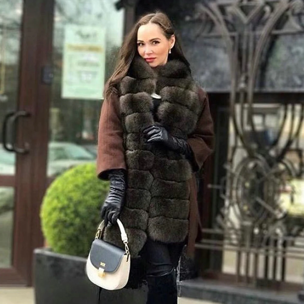 Women Wool Blends with Fox Fur Collar Warm Long Coat Winter New High Quality Real Fox Fur Cashmere Coat Outwear with Belt Slim