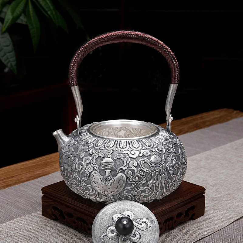 

Sterling Silver 999 Kettle Hidden Eights Treasure Teapot Tea Ceremony Household Chinese Sterling Silver Tea Set Handmade Silver