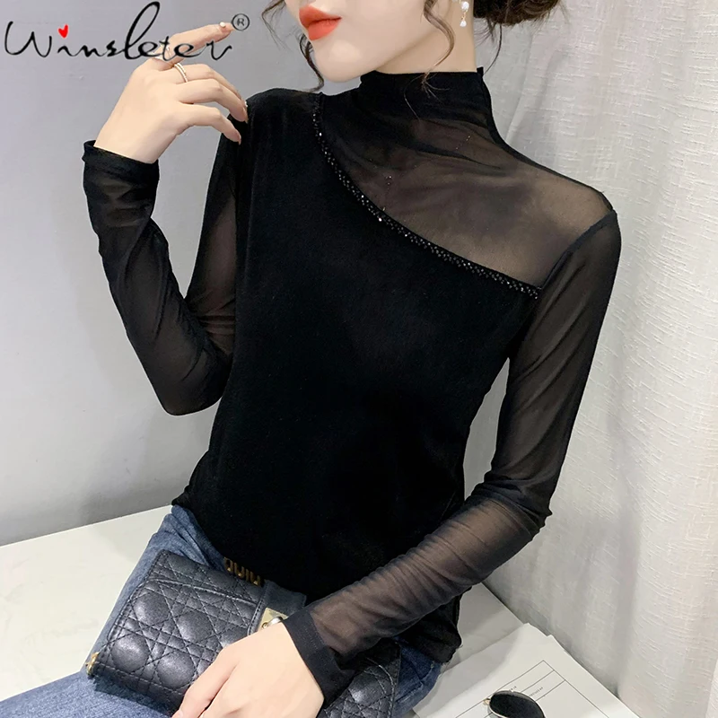 

Женская бархатная футболка с длинным рукавом и ложным воротником, T1N409A