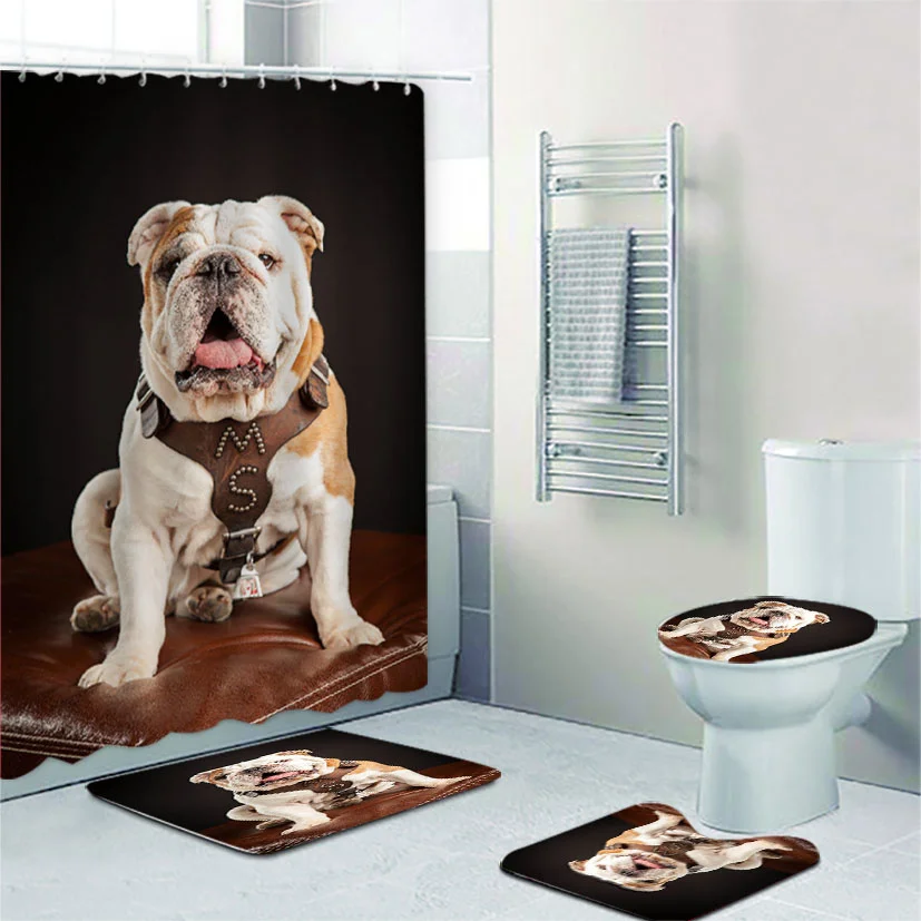

Portrait of English Bulldog Shower Curtain and Rug Set Mississippi State Bulldogs Puppy Bathroom Curtains Bath Mats Home Decor