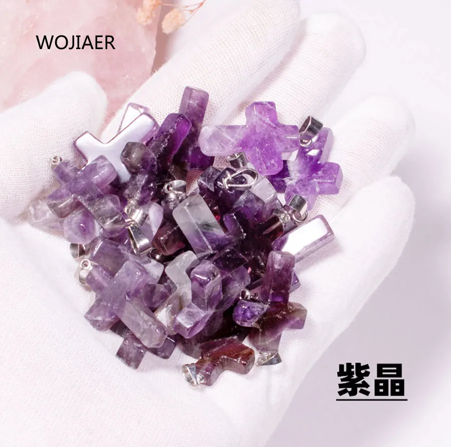 

WOJIAER Stylish Natural Amethysts Gem Stone Cross Pendant Pendulum Stone 25x18x6mm Energy Handmade Jewelry 1PCS ZM0486