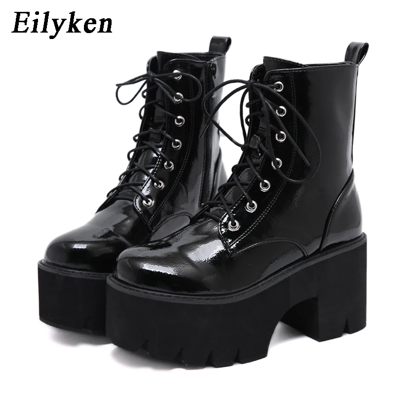 Eilyken/женские ботинки на высоком каблуке; женские ботинки черного цвета на шнуровке и молнии с круглым носком; Модные ботильоны на платформе; Новинка года; сезон зима