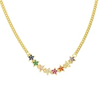 gold color women fashion rainbow stone jewelry delicate flower star cubic zirconia geometric choker chain lariat layer necklace