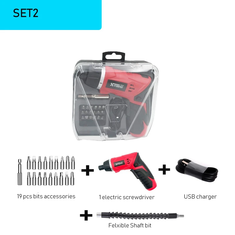 PTS-007-SET2 Электрическая отвертка с литиевой батареей 3,6 В, перезаряжаемая многофункциональная Аккумуляторная дрель, электроинструмент, светодиодный, 19 шт - Цвет: PTS-007-SET2