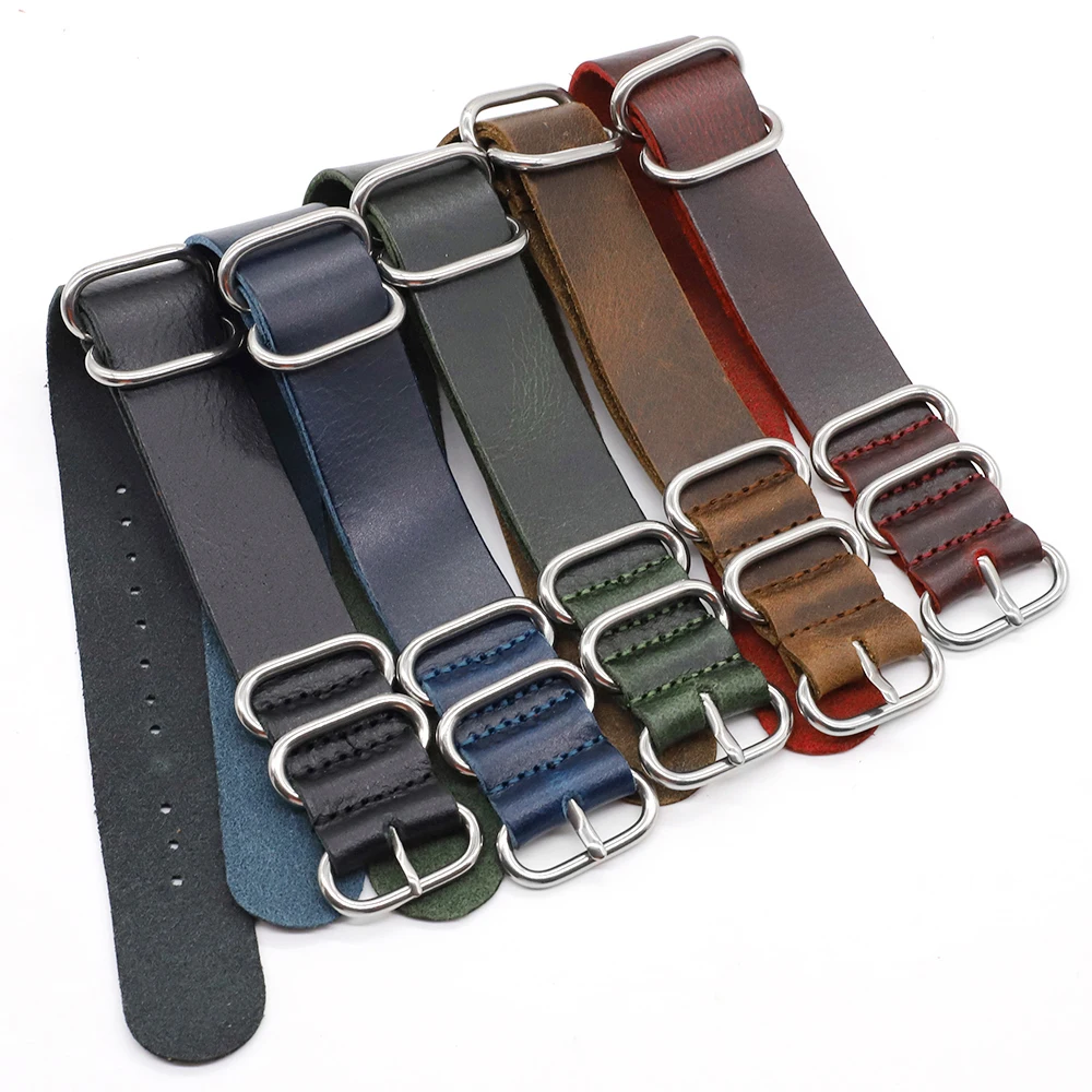 New Design High Quality Cow Leather Nato Strap 18mm 20mm 22mm 24mm Black Green Zulu Strap Handmade Comfortable Replace Watchband