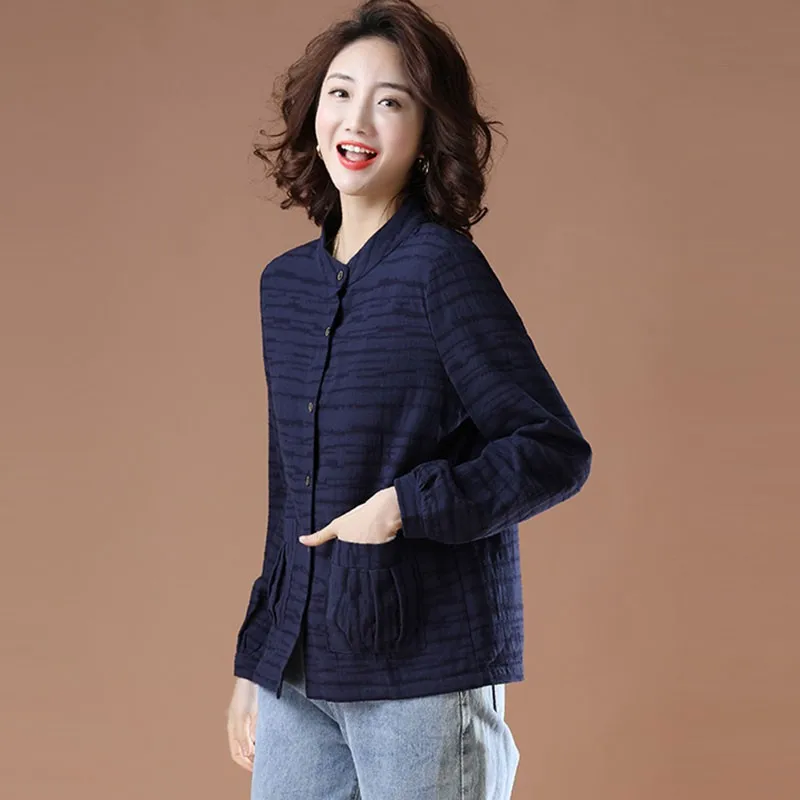 

Plus Size Women Cotton Linen Casual Shirts New 2021 Spring Simple Style Vintage Stand Collar Loose Female Long Sleeve Tops S3406