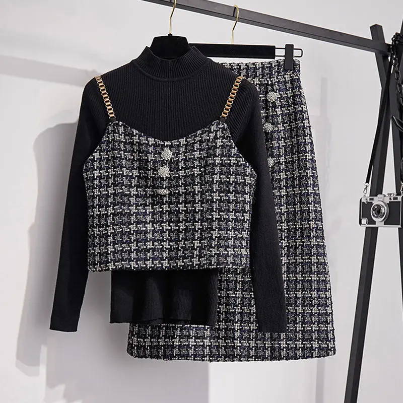 

Plus size women's 2021 new trendy sweater bottoming women's autumn and winter woolen skirt suit three-piece suit