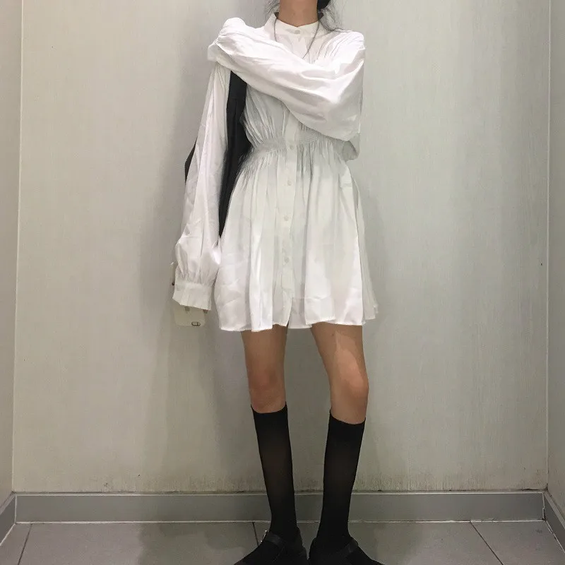 

Korean Chic Autumn Women Vintage Long Sleeve Solid Color Dress Elegant Single Breasted High Waist Casual Slim Fashion Mini Dress