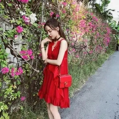 

Red Dress Ruffel Hem Sexy Summer Boho Dress Woman Holiday Loose Vestido De Festa Mini Cascading Ruffle Spaghetti Strap