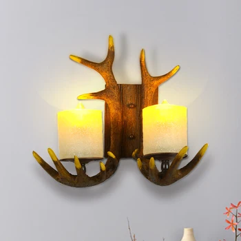 LED Wall Light Wooden decorative Double Head Horn Antler Retro Wall Lamp Bar Restaurant Foyer Study Corridor Branch Sconce