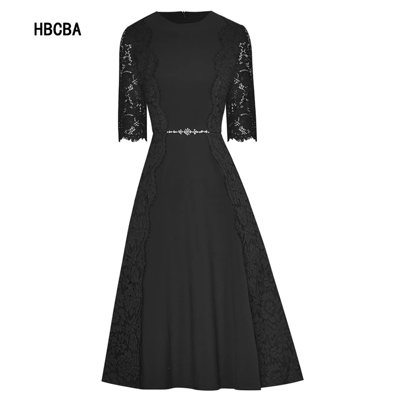 

HBCBA Fashion Designer Summer Black Dress Women's O-neck 3/4 sleeve Lace Splicing Beading Casual Ladies Party Midi Dress