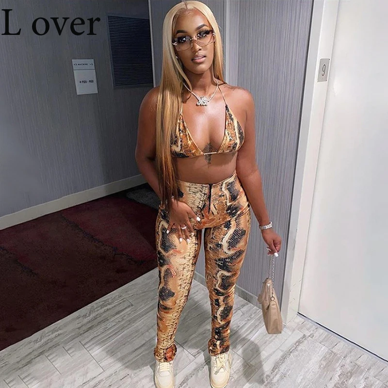 

Printed Bodycon Two Piece Set Women Casual Bikini Top and Zipper Pants Set Streetwear Fashion Skinny Sexy Sweatsuit Co-o Outfits