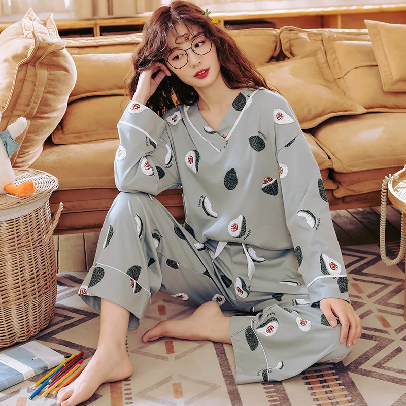 Хлопковая пижама женская 2 предметов принтом милая свободная v-образным вырезом