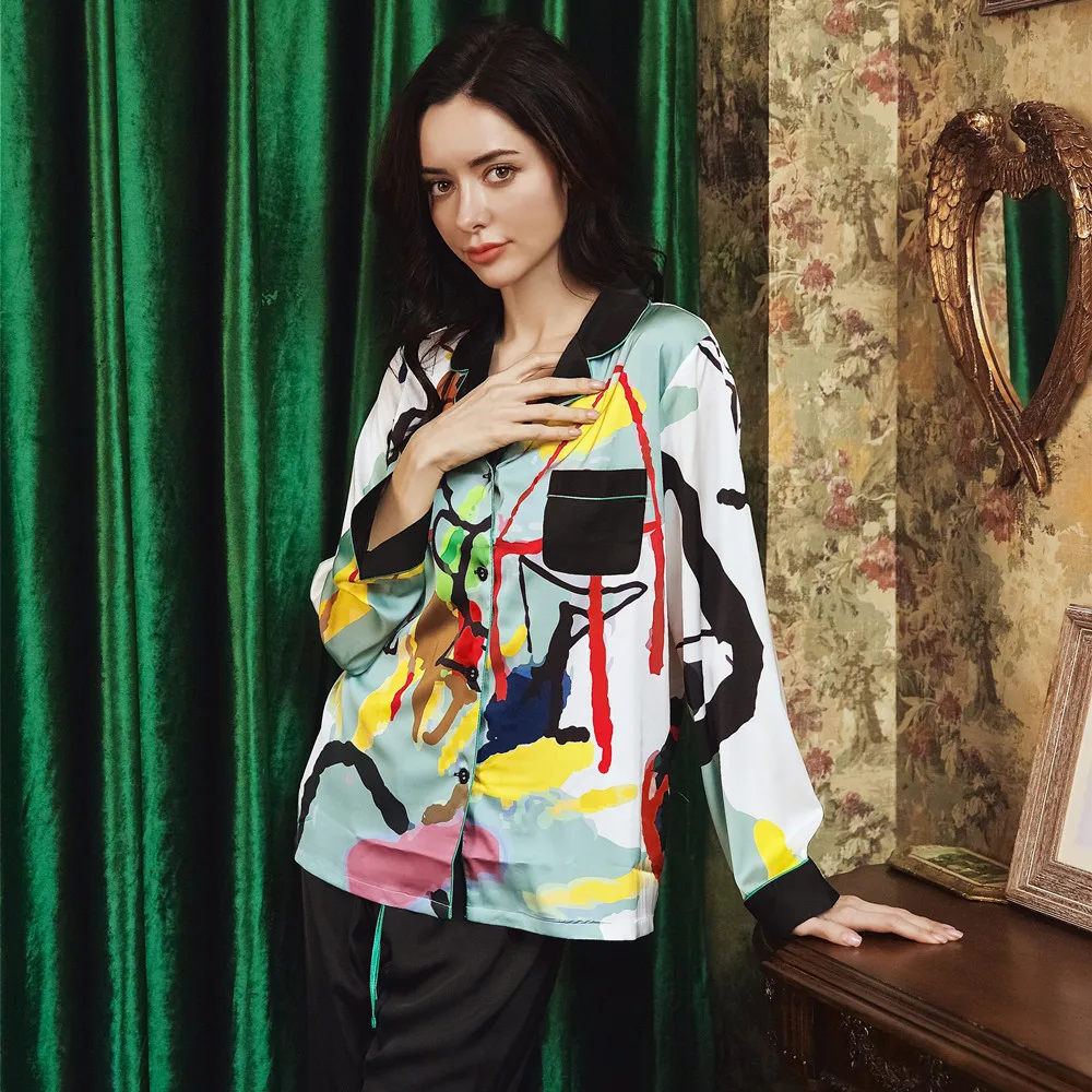 Spring and autumn new pajamas set female printing simulation silk pyjamas fashion trend ice home service 2 pieces sleepwear | Женская