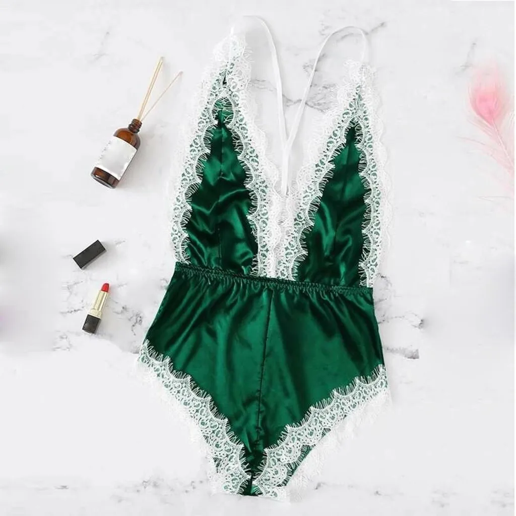 Женское сексуальное нижнее белье кружевная атласная пижама с V образным вырезом