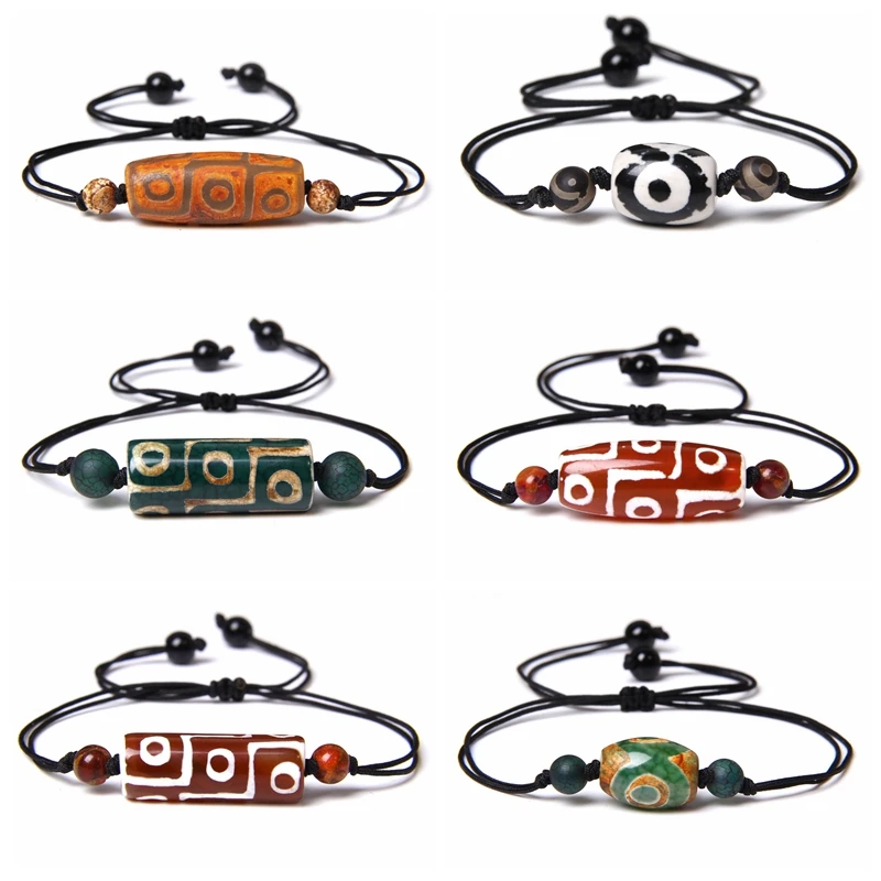 

Natural yellow black green agates DZI eye stone bead charm bracelet black rope Weave adjustable bracelet men women lucky jewelry