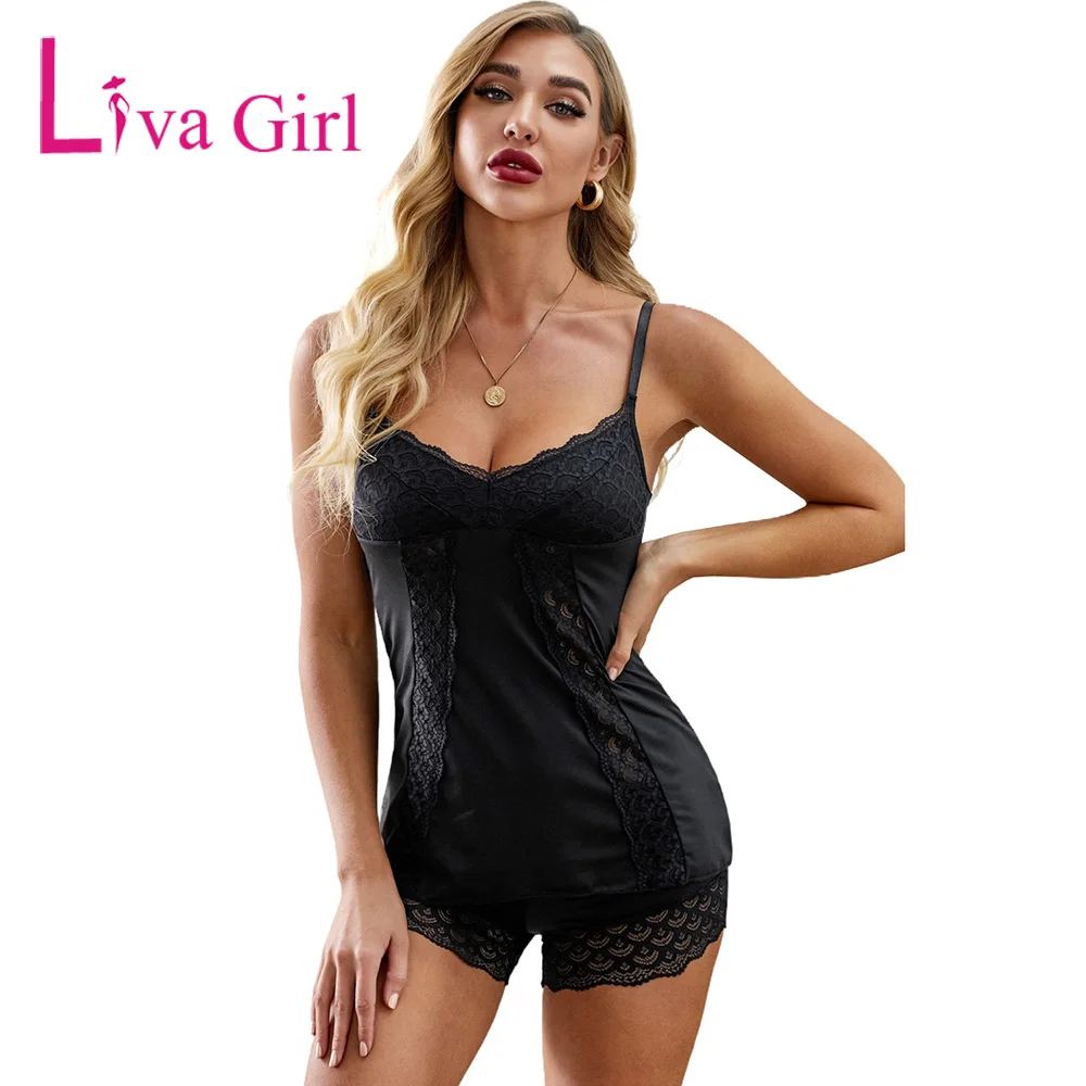 

LIVA GIRL Sexy Lace Loungewear Set Woman 2021 Summer Smooth Thin Sleep Tops&Shorts Pajamas Female Solid Sweet Sleepwear Set S-L