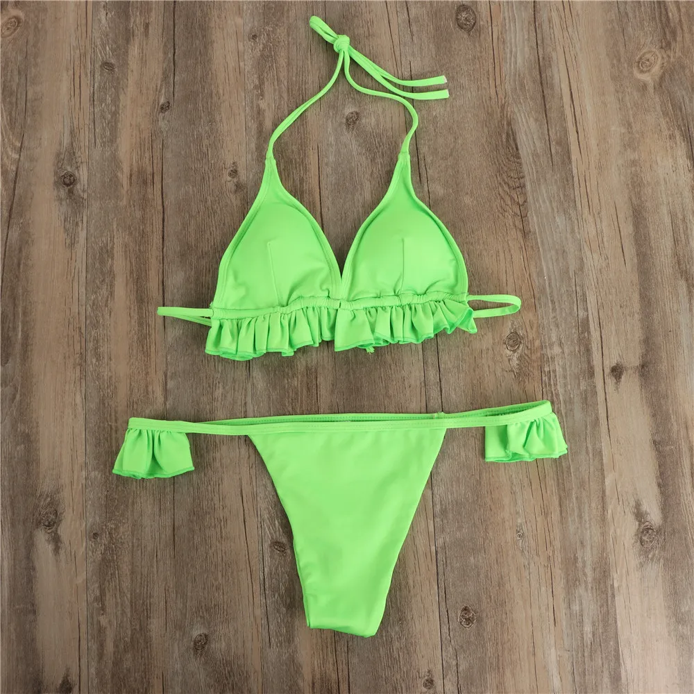 Сексуальный зеленый комплект бикини с оборками 2021 стринги купальник женский пуш