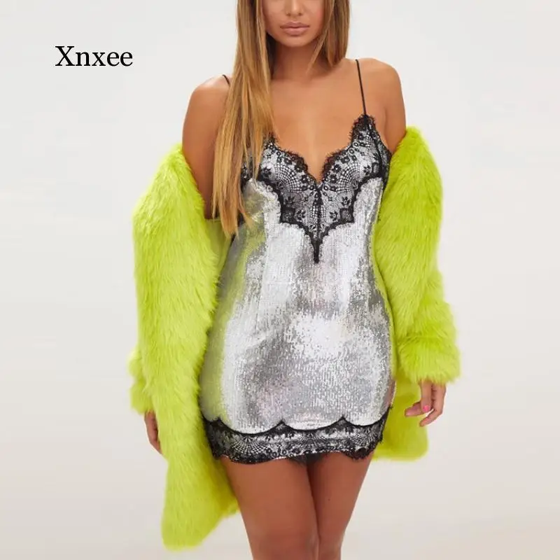 

V-Neck Lace Sexy Backless Sequin Sling Dress Slim Women Spaghetti Strap Elegant Summer Nightclub Party Mini Pencil Dresses Cloth