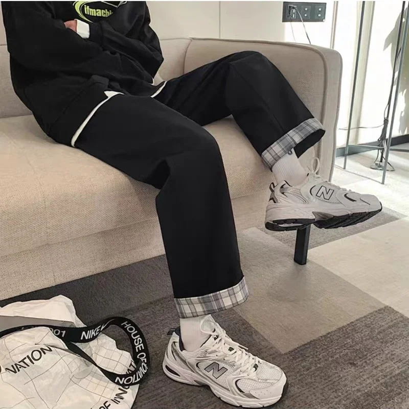Houzhou – women's plaid pants loose Korean fashion white oversized Harajuku street wear wide legs black casual beige | Женская