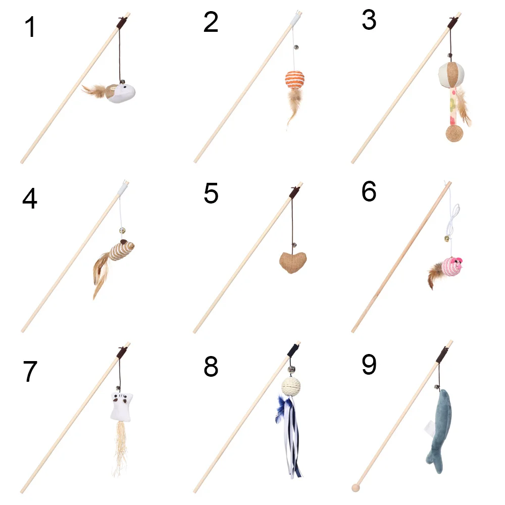 

Wood Funny Cat Stick With Mini Bell Wooden Stick Feather Interactive Toys Color Random Cartoon Rod Mouse Pet Teaser Toy Supplies
