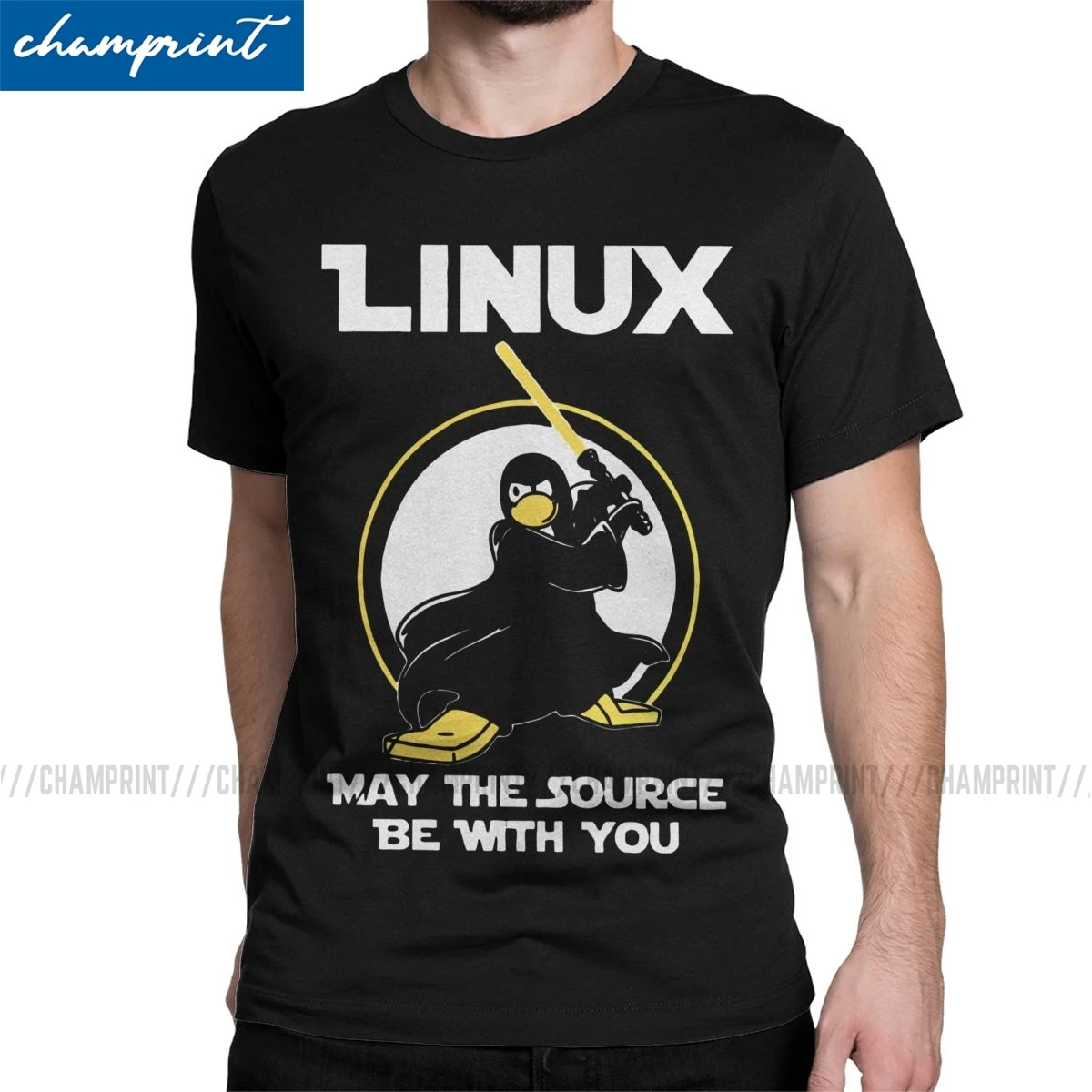 

Linux May The Source Be With You T-Shirt Penguin Programmer Developer Programming Coding Nerd Vintage Tee Men Crew Neck T Shirts