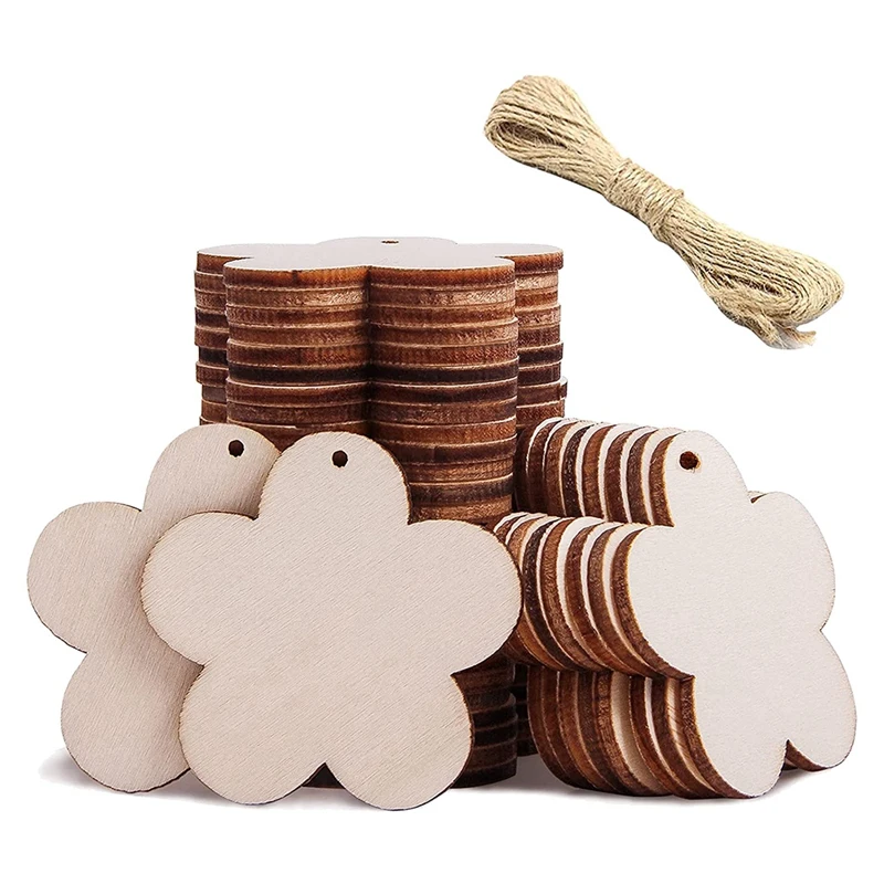 

100Pcs 2 Inch Wooden Flower Shape Slices Blank Tags with Hole Unfinished Wood Cutout Labels DIY Art Craft