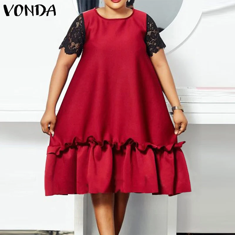 

Women Dress 2021 VONDA Ladies Vintage Lace Patchwork Summer Short Sleeve Ruffled Dresses Holiday Sundress Casual Vestidos Robe