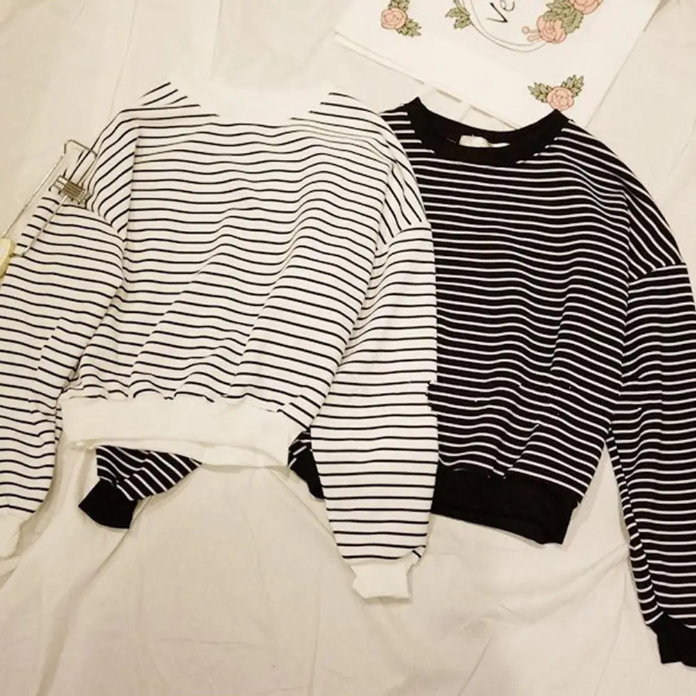 Yiwa Women Sweatshirt Navy Style Striped Loose Casual Round Neck Long-Sleeved Slim fit adult Ladies Tops Plus Size | Женская одежда