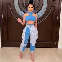 sexy two piece set women matching sets y2k crop top and cargo pants sweat suits streetwear patchwork 2 piece outfits tracksuit
