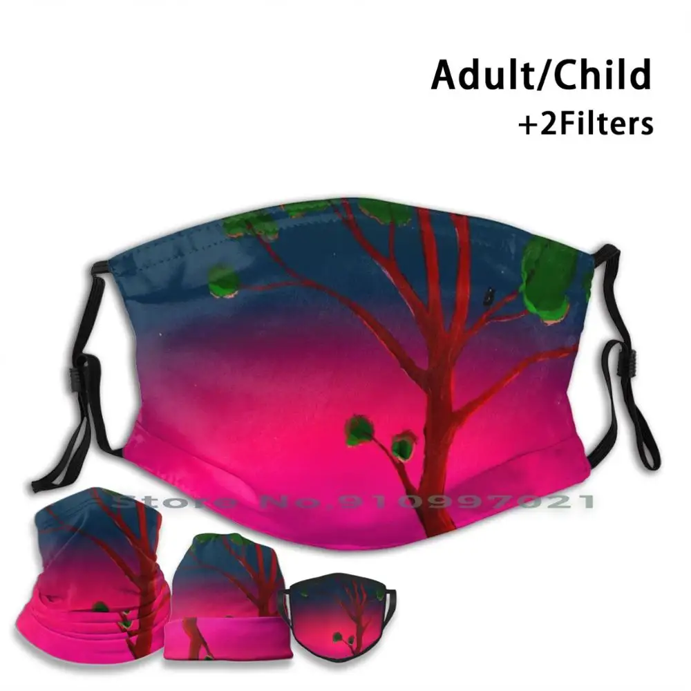 

Яркие дерево на закате печати Pm2.5 фильтр многоразовые лицевая маска для детей и взрослых, дерево, растение, листва розовый синий закат птица