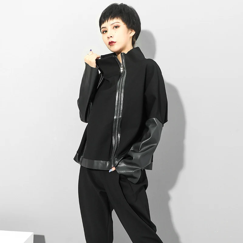 Patchwork PU Leather Black Oversized Jacket Women Autumn Winter 2021 Zipper Loose Causal Coats Jackets Vintage Clothes Cardigan