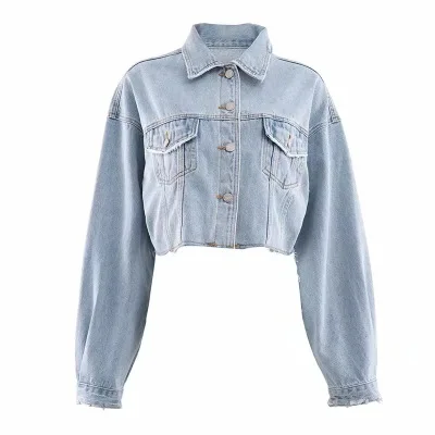 

2021 Autumn Women Denim Jacket Long Sleeve Fashion Streetwear Casual Loose Outwear Short Ripped Jeans Jacket Coat