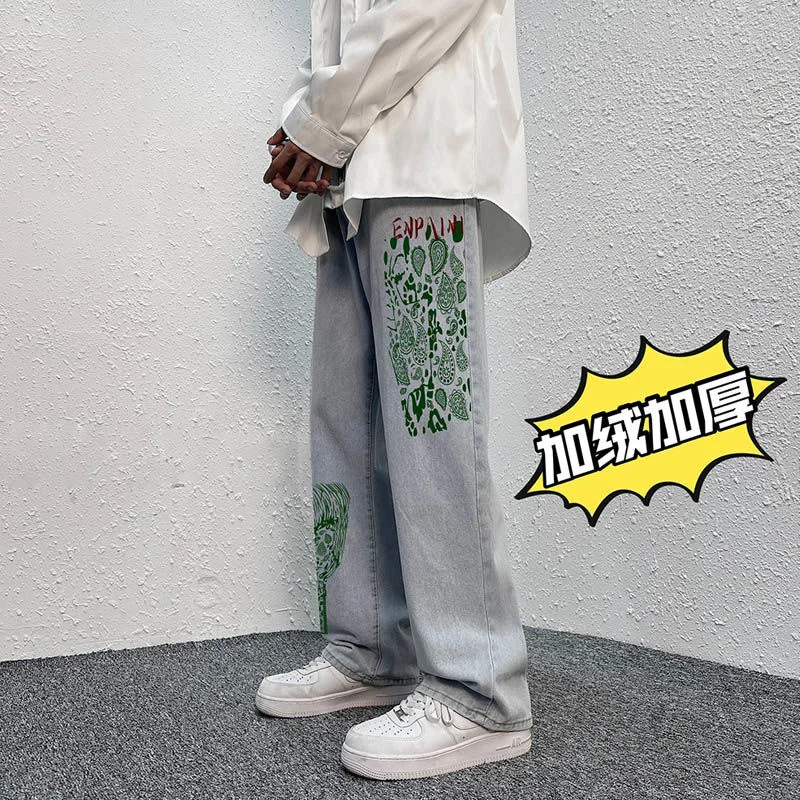 

Privathinker Fashion Graphic Men's Jeans Fleece Harajuku Straight Hip Hop Denim Pants Casual Loose Thicken Male Trousers