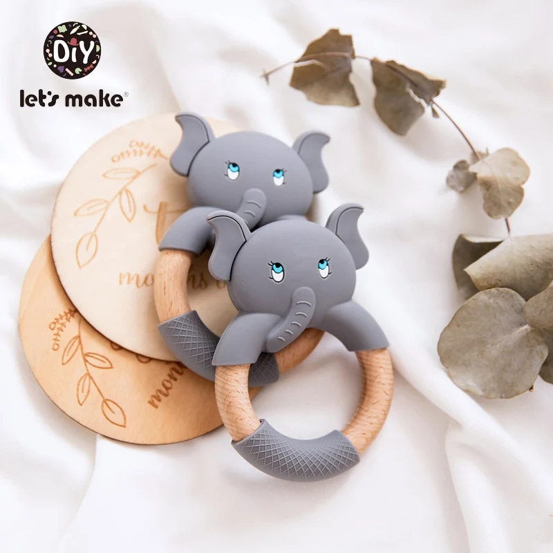 

Let's Make 1pc Baby Wooden Teether Food Grade Beech Wood Teething Ring Elephant Bpa Free Silicone Animal 4-6 Months Baby Teether