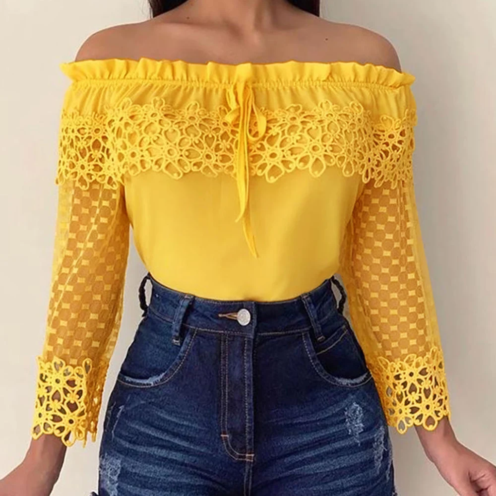 2019 горячая Распродажа Сексуальная кружевная Лоскутная Желтая Женская блузка с