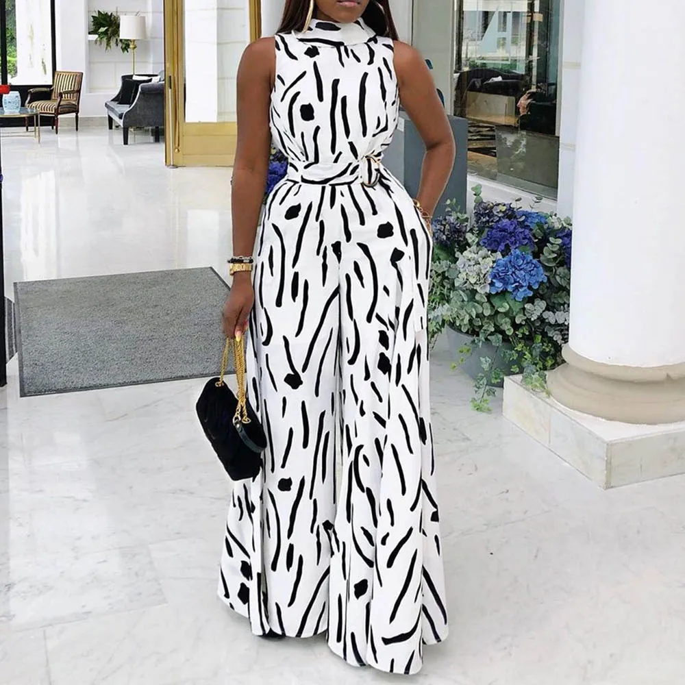 Женский офисный комбинезон без рукавов элегантный белый в горошек с высокой