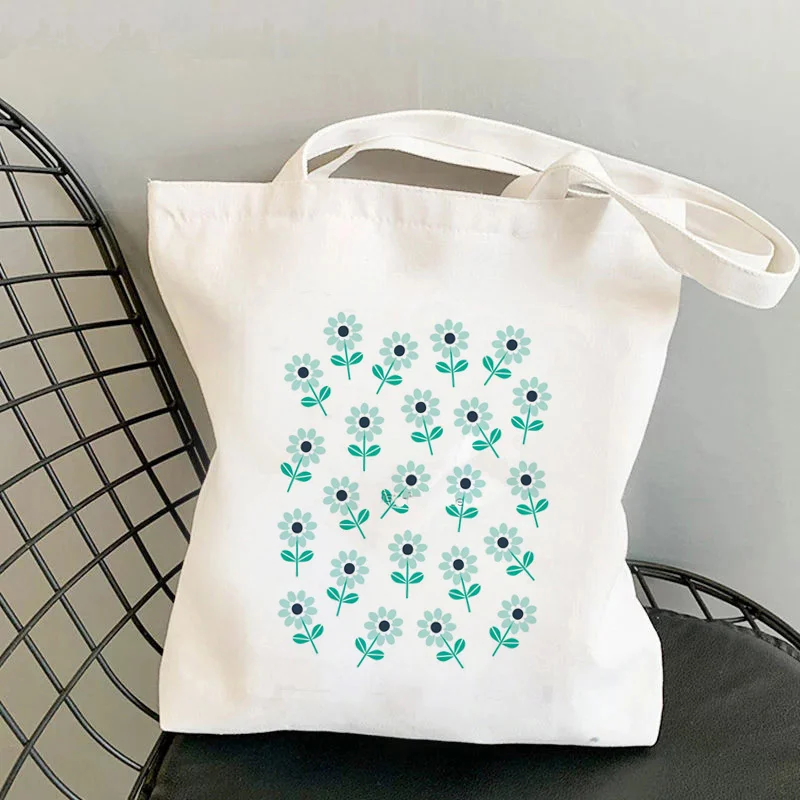 

2021 Shopper Spring Daisies on Mint Printed Tote Bag women Harajuku shopper handbag girl Shoulder shopping bag Lady Canvas Bag