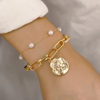 european fashion retro vntage pearl portrait coin pendant with pearl for women multi layer bracelets new fashion korea jewelry