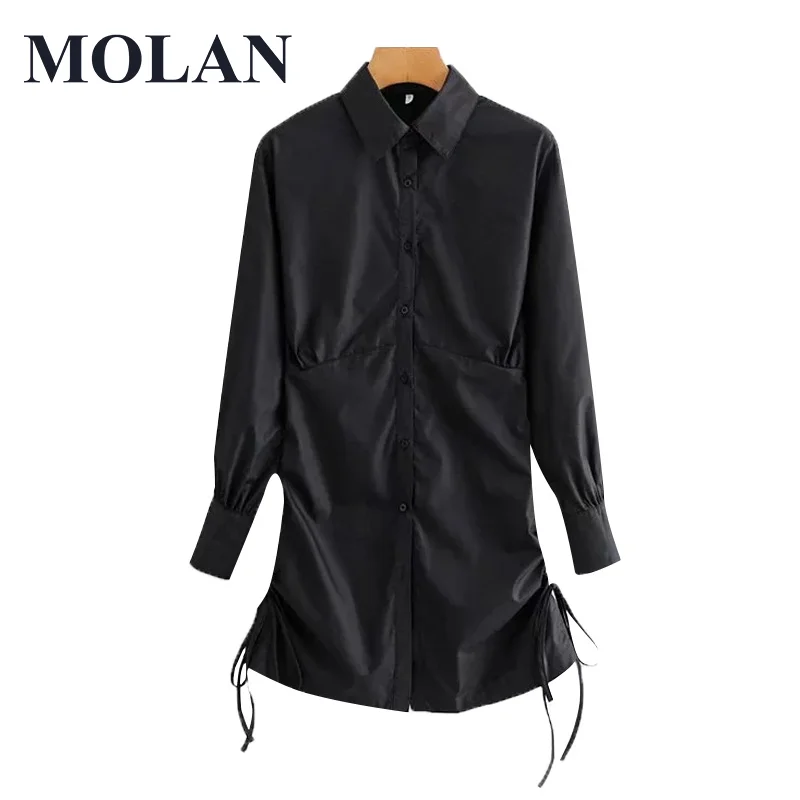 

MOLAN Mini Shirt Dress Women Cool Fashion With Drawstring Tied Pleated Vintage Long Sleeve Button-up Female Dresses Vestidos
