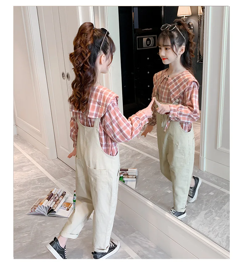 

Spring 2021 Long Sleeve Korean Girls Clothing Set Kids Single-breasted Plaid Blouse Overalls Two-piece Sets Teen Child Clothes
