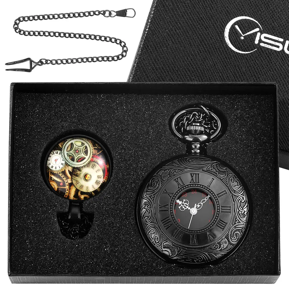 Men Classic Black Pocket Watch Quartz Roman Numeral Dial Clock Alloy Fob Chain Women's Pendant Nostalgic Gift Set for Boyfriend