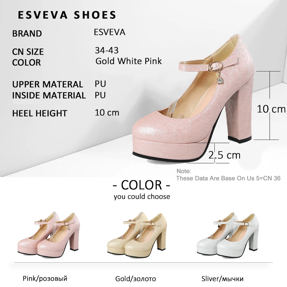

ESVEVA 2018 Women Pumps Platform Shoes Buckle Strap Square High Heels Round Toe Spring Autumn Concise Women Shoes Size 34-43