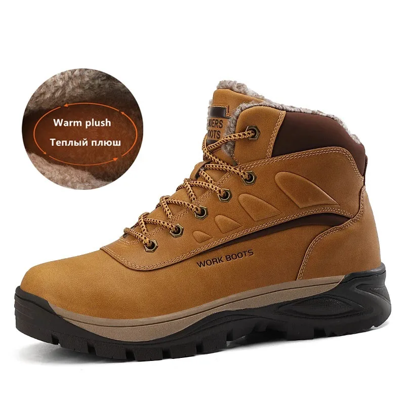 

2021Winter Leather Men Boots Plush Warm Men Snow Boots Outdoor Non-slip Hiking Boots Men Winter Shoes Men Sneakers 39-48
